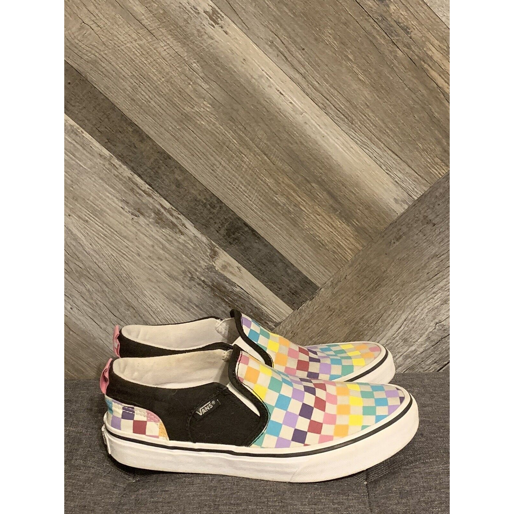 VANS Slip On Multi-colored Checkered Skateboard Shoes Multicolor Missy Sz 4